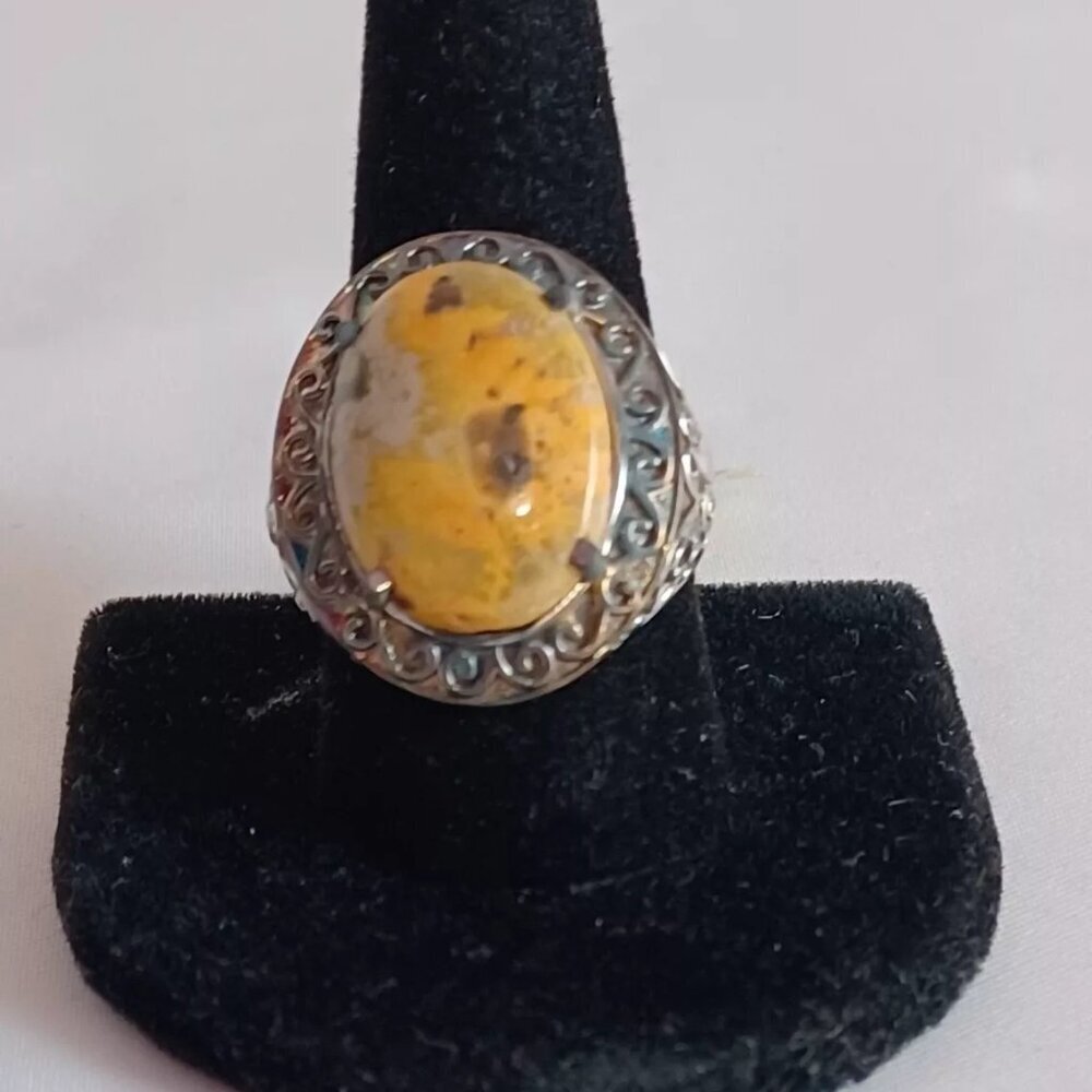 Bumble Bee Jasper Ring in 14K YG and Platimun Overlay Sterling Silver NF Size 10
